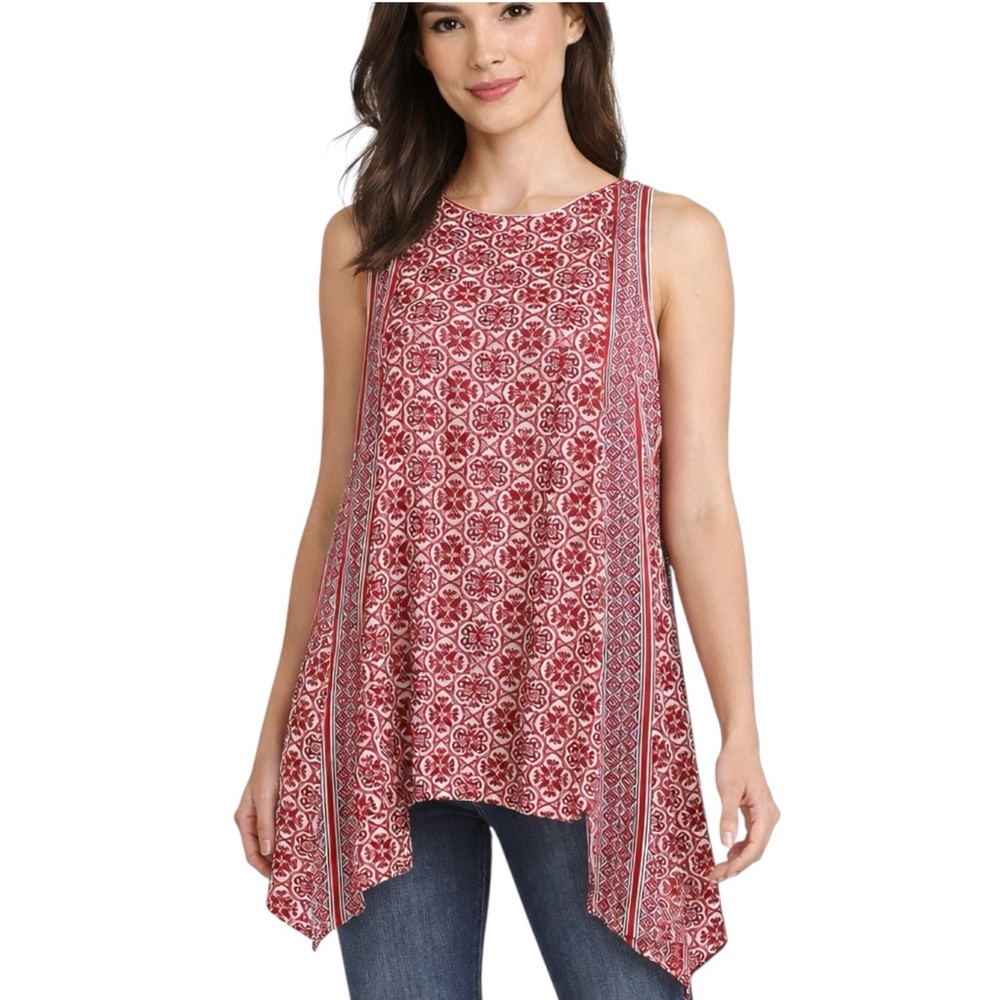 Max Studio Red Printed Sleeveless Handkerchief Hem Tunic